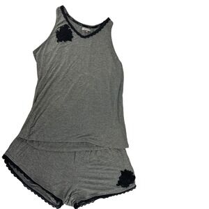 Daisy Fuentes Pajama Set XL Gray Black Lace Trim Tank Top Shorts 2 Piece Lounge